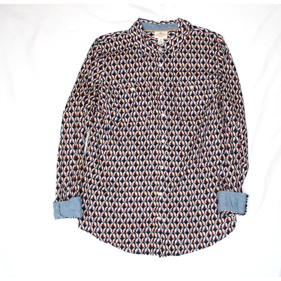 St. John Bay Womens Navy Multicolor Bird Pattern Button Long Sleeve Shirt Blouse - Picture 2 of 11